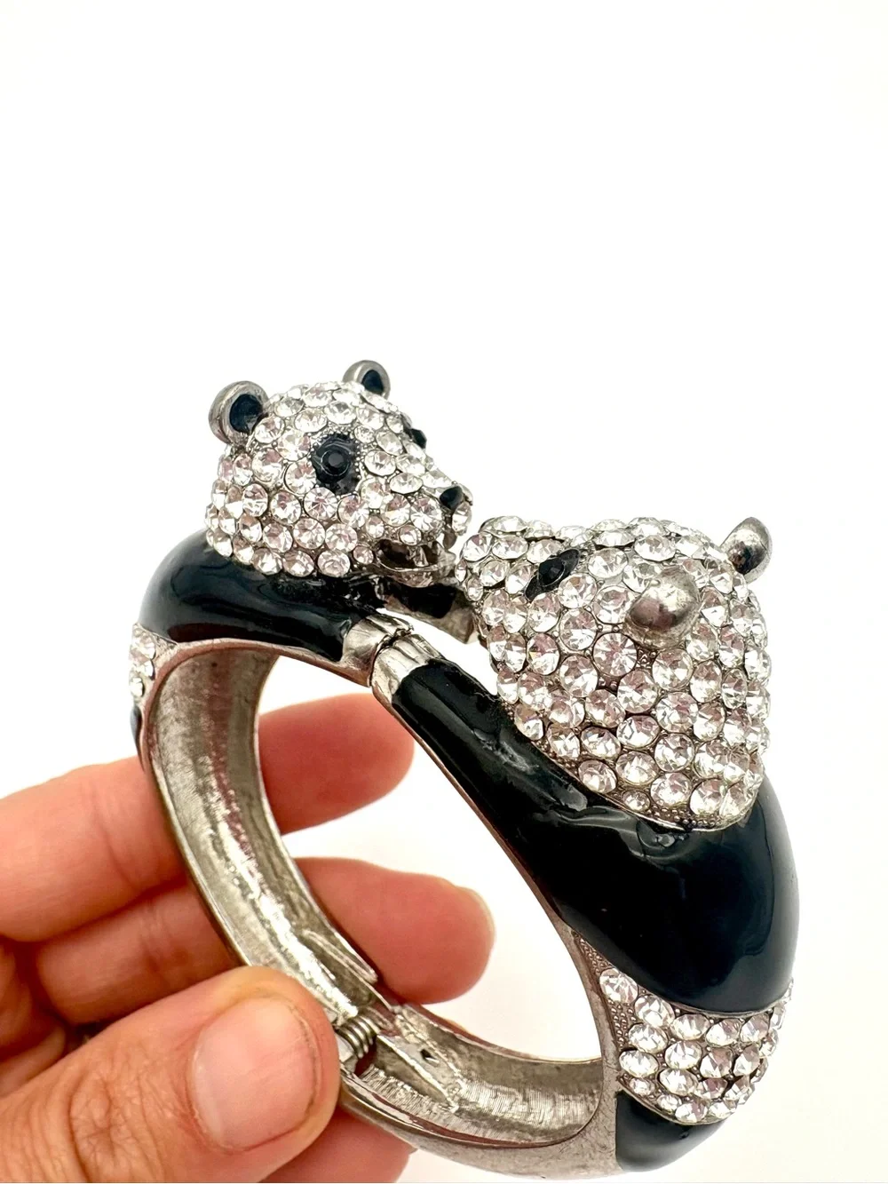 Vintage Rhinestone & Enamel Double Panda Cuff Bracelet